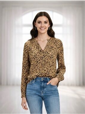 Gap Women Brown Animal Print Long Sleeve Blouse Large